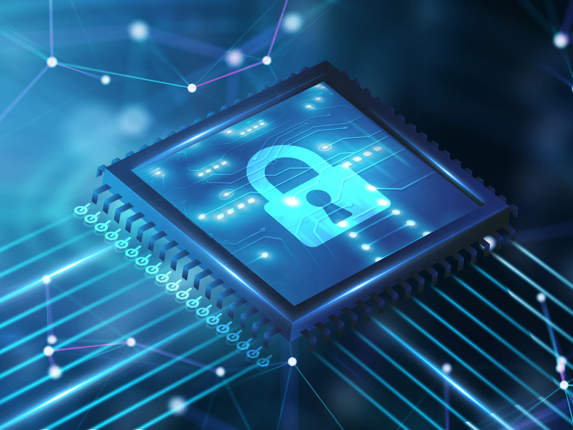 A processor with a glowing padlock etched into its die, on a network of connected nodes